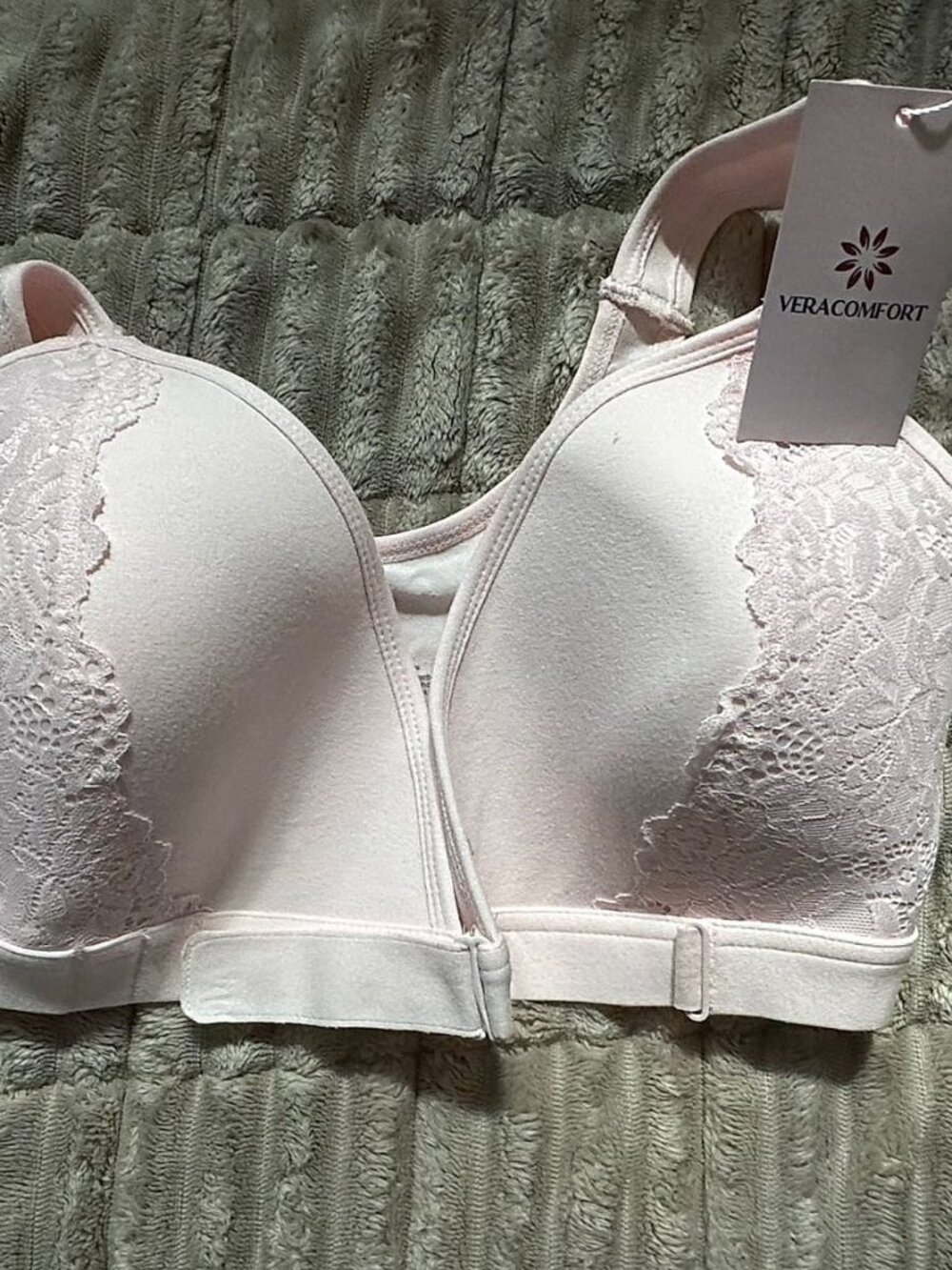 VeraComfort Front Latch Bra, Pink Lace Wireless Front-Close Bra, Women's M